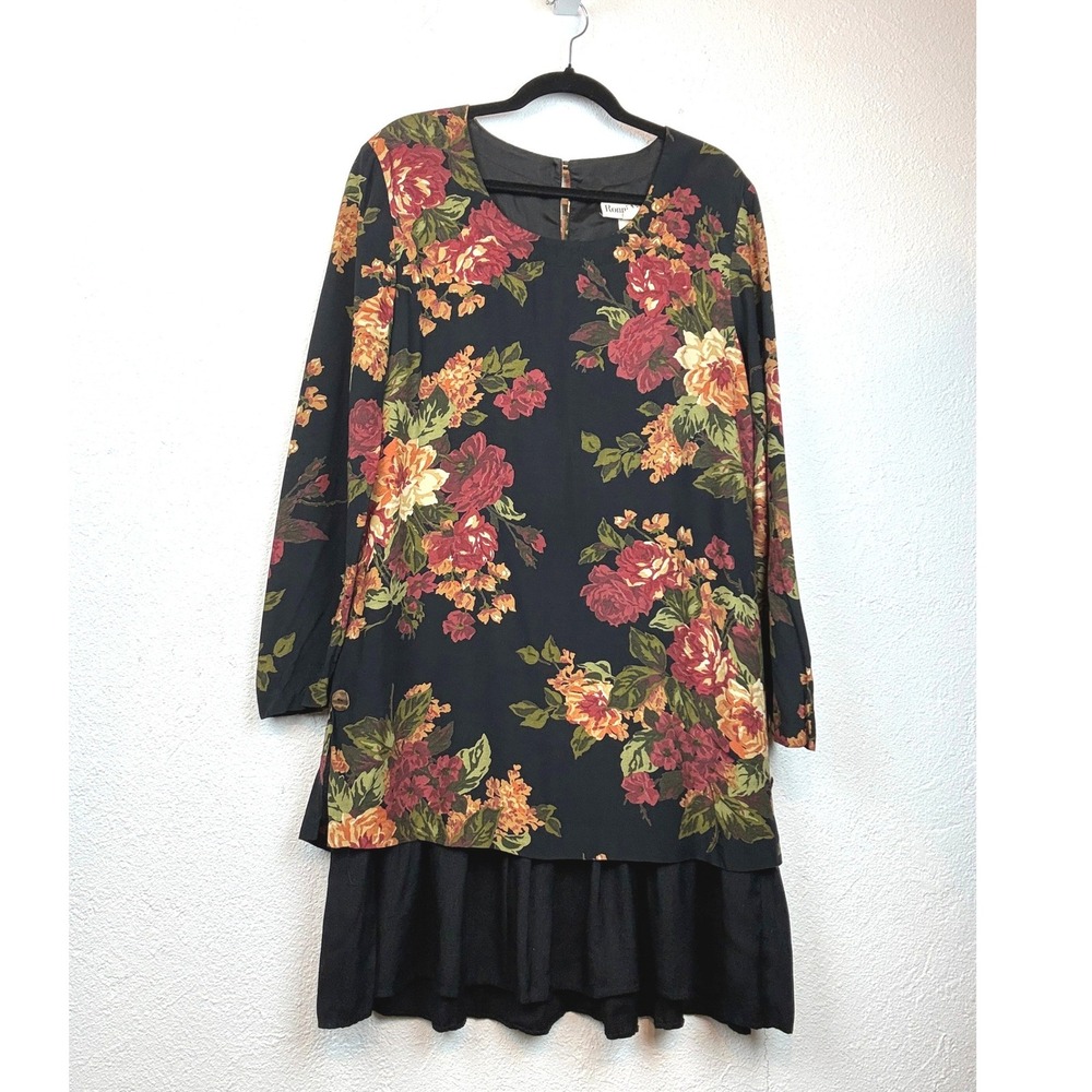 Ronni Nicole Black Floral Tiered Ruffle Dress - 10 - Vintage 90's Fall Vibing
